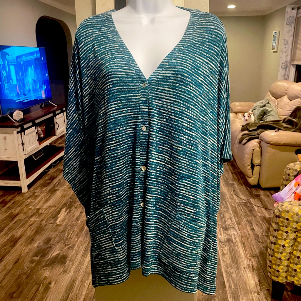 Logo 7 Teal & White Striped Button-Front Poncho Top. Xl